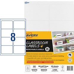 Avery Classroom Labels Laser Printer 99.1 x 67.7mm White 8UP 160 Labels
