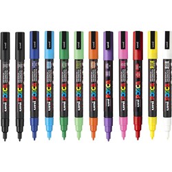 Uni Posca Paint Marker PC-3M  Fine 1.3mm Bullet Tip  Assorted Pack of 12