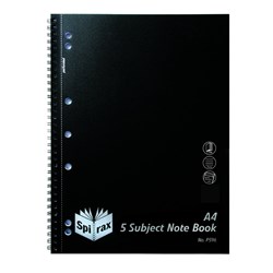 Spirax P596 5 Subject Note Book Poly Cover A4 Ruled 250 Pages Black
