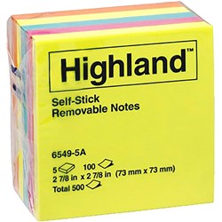 Highland 6549-5A Coloured Notes 100 Sheets 76x76mm Assorted Pack of 5