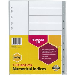 Marbig Plastic Indices & Dividers A4 Indices 1-10 Grey 