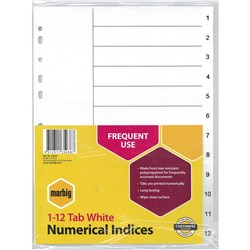 Marbig Plastic Indices & Dividers Tabs A4 1-12 White 