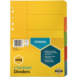 Marbig Manilla Indices & Dividers A4 5 Tab Bright Colours