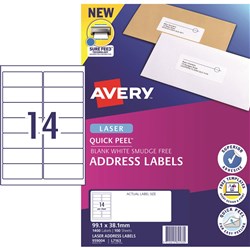 Avery Quick Peel Address Laser White L7163 99.1x38.1mm  14UP 1400 Labels 100 Sheets