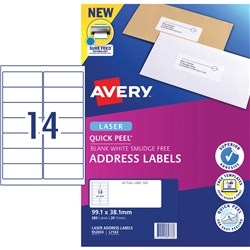 Avery Quick Peel Address Laser Labels White L7163 99.1x38.1mm 14 UP 280 Labels 20 Sheets