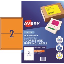 Avery High Visibility Shipping Laser Labels Orange L7168FO 199.6x143.5mm 2UP 20 Labels